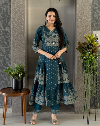 Teal Blue Anarkali Kurta Pant with Dupatta Set