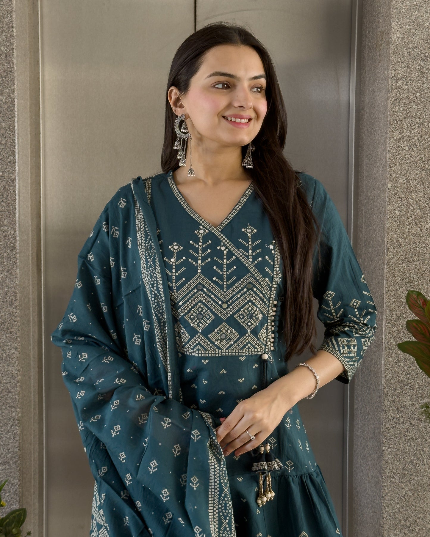 Teal Blue Anarkali Kurta Pant with Dupatta Set
