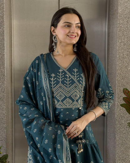 Teal Blue Anarkali Kurta Pant with Dupatta Set