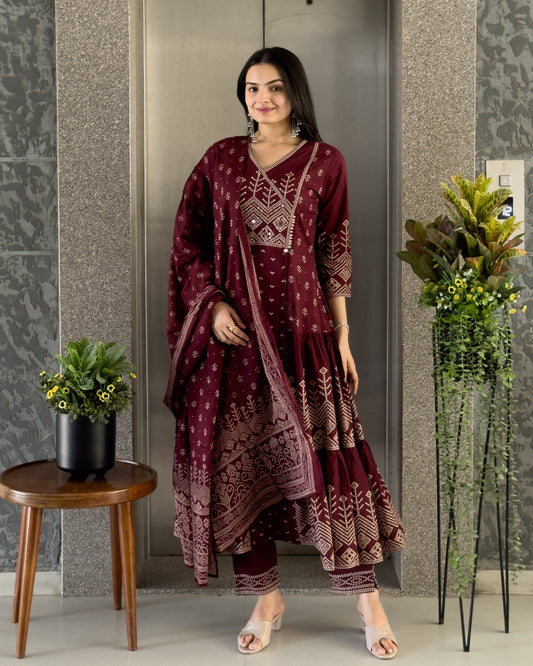 Wine Anarkali Kurta Pant with Dupatta Set