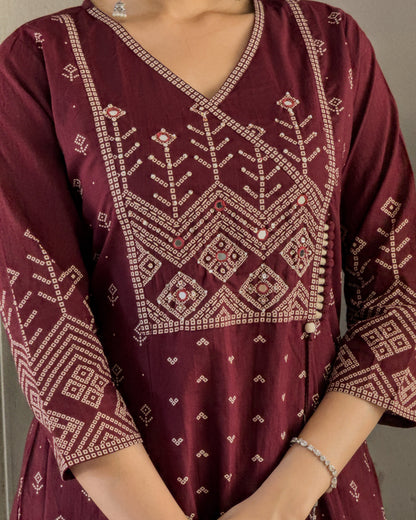 Wine Anarkali Kurta Pant with Dupatta Set