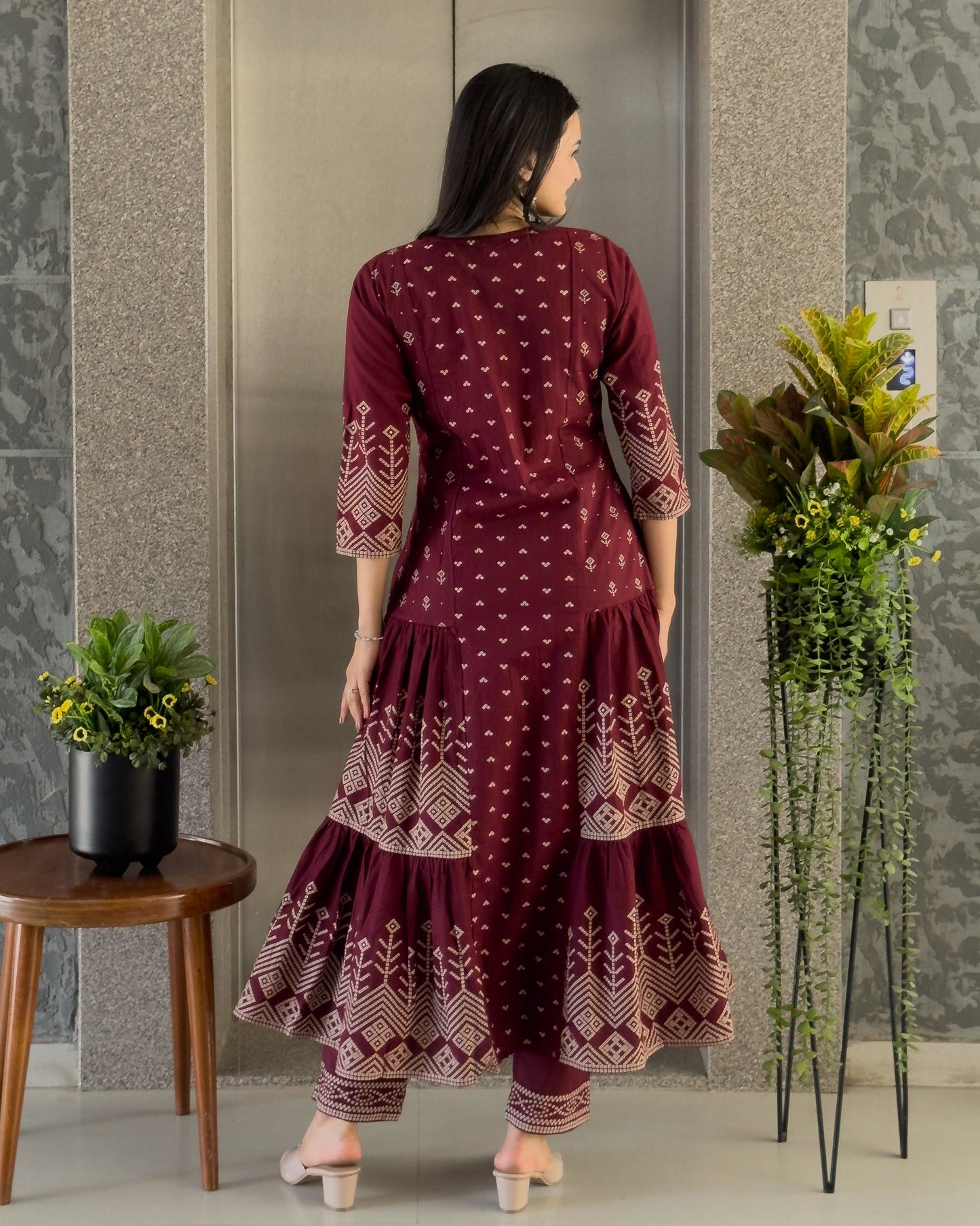 Wine Anarkali Kurta Pant with Dupatta Set
