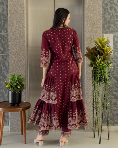 Wine Anarkali Kurta Pant with Dupatta Set