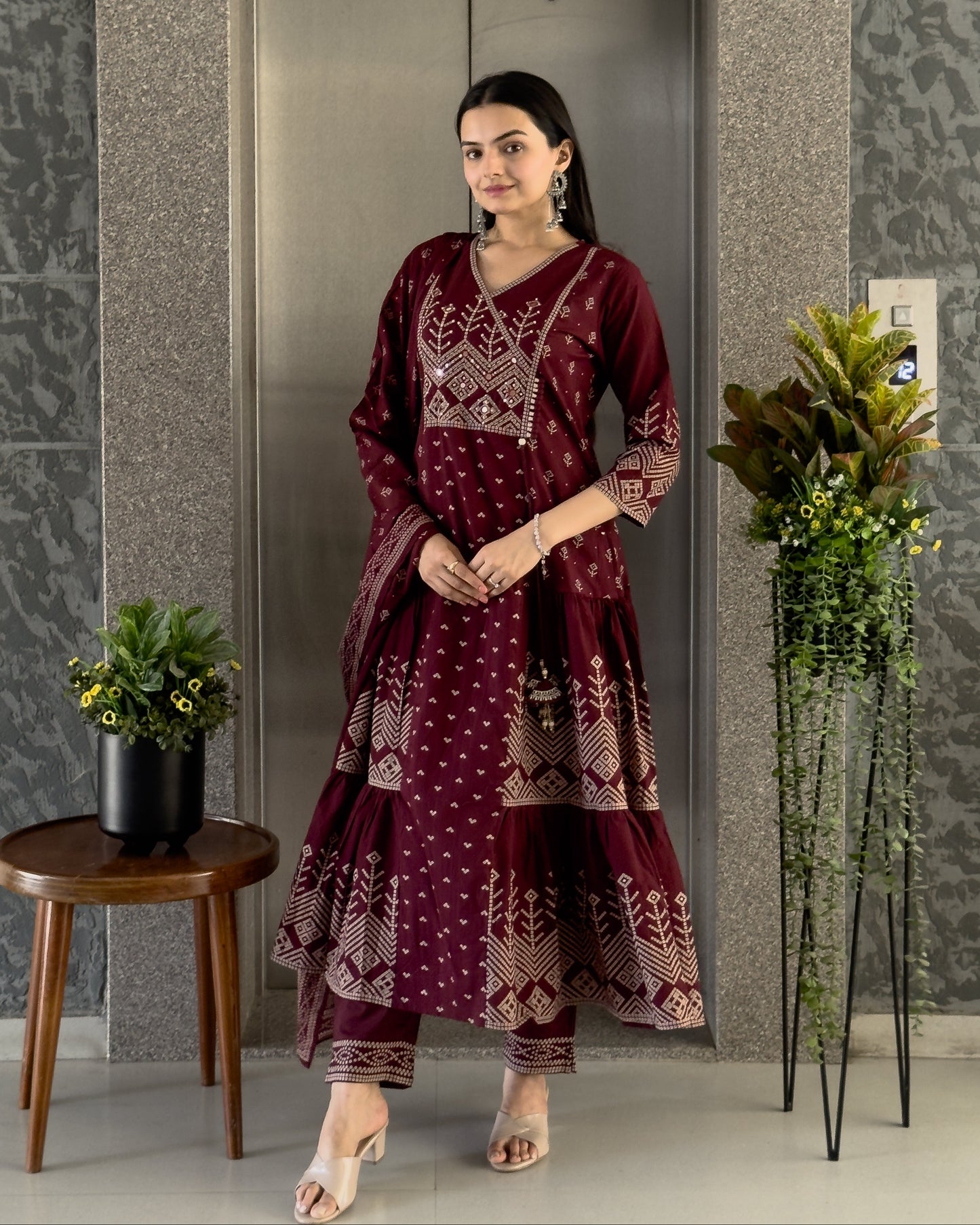 Wine Anarkali Kurta Pant with Dupatta Set