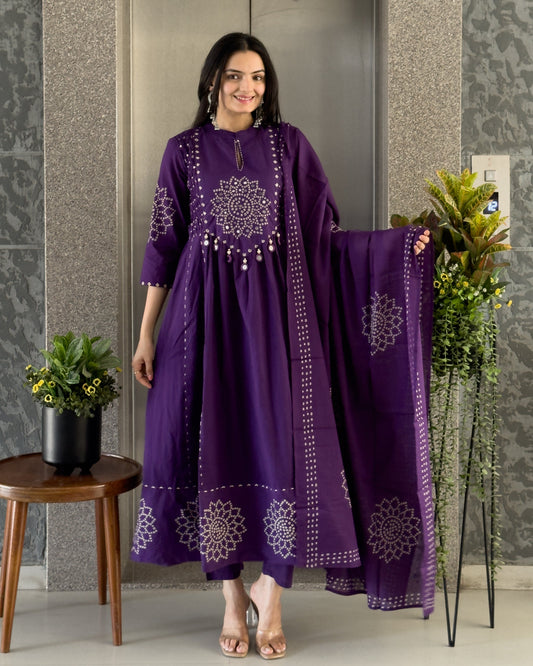 Purple Round Kurta Pant with Dupatta Set