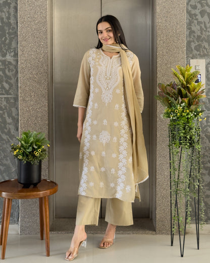 Cream Straight Kurta Pant Set with Dupatta