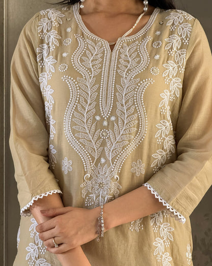 Cream Straight Kurta Pant Set with Dupatta