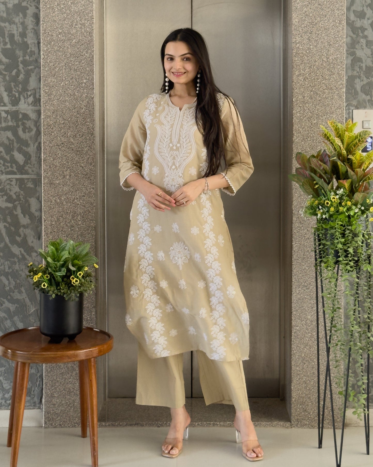 Cream Straight Kurta Pant Set with Dupatta