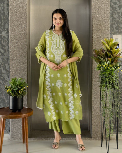 Pista Straight Kurta Pant Set with Dupatta