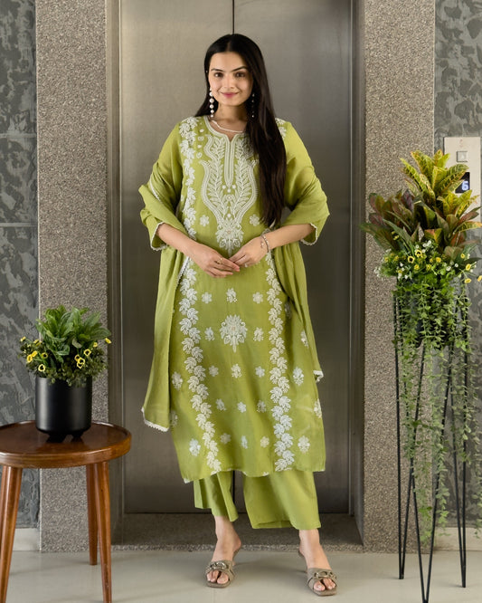 Pista Straight Kurta Pant Set with Dupatta