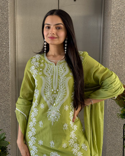 Pista Straight Kurta Pant Set with Dupatta