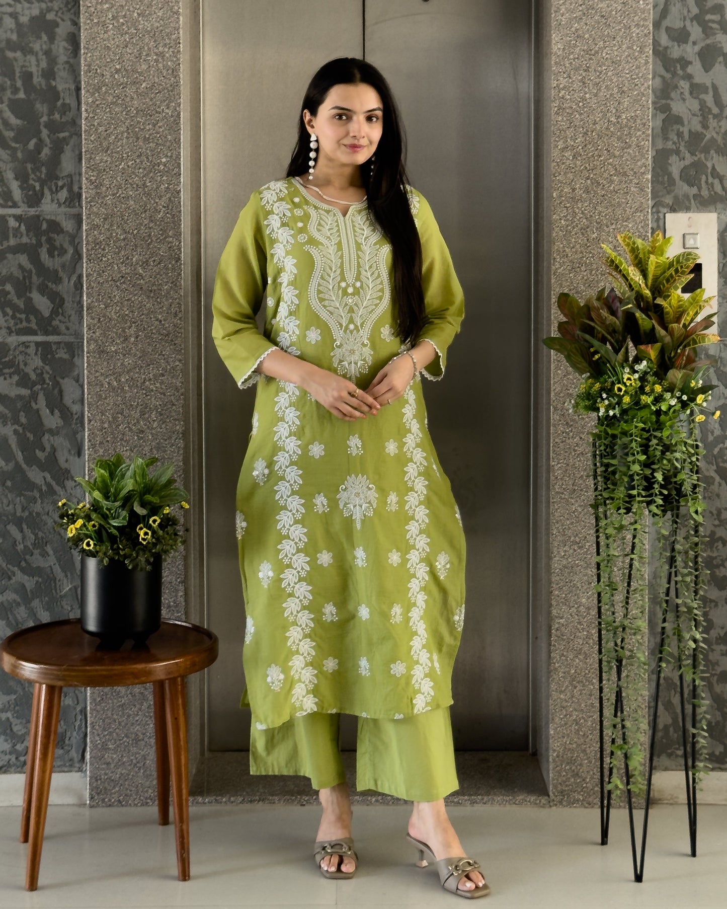 Pista Straight Kurta Pant Set with Dupatta