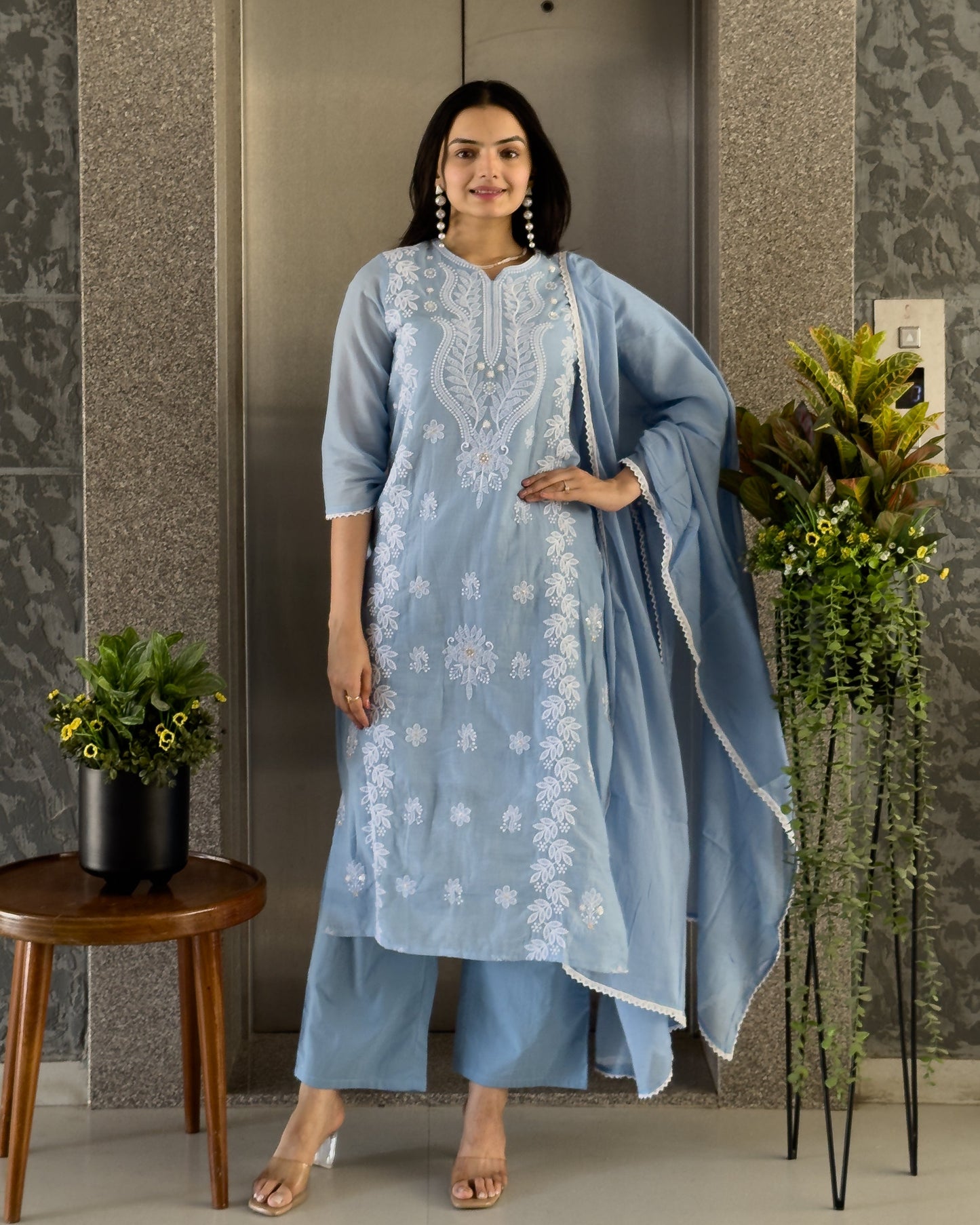 Sky Straight Kurta Pant Set with Dupatta