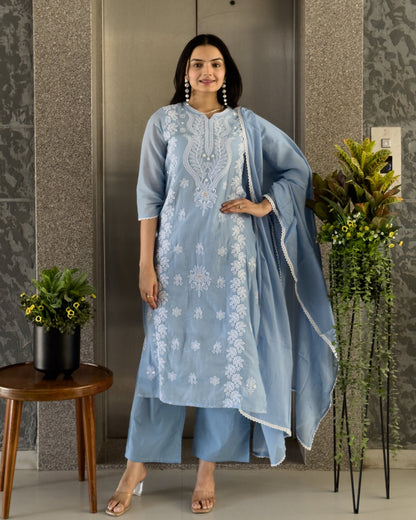 Sky Straight Kurta Pant Set with Dupatta