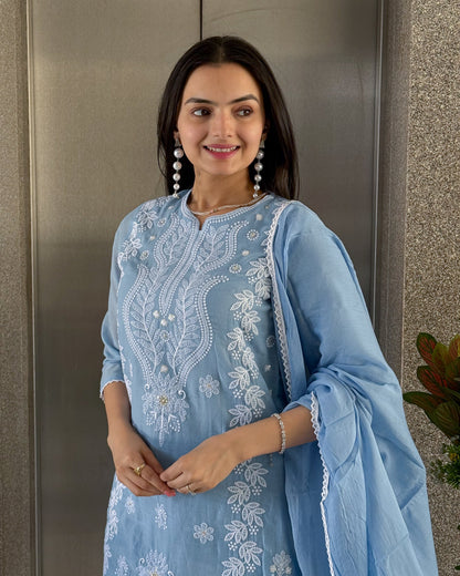 Sky Straight Kurta Pant Set with Dupatta