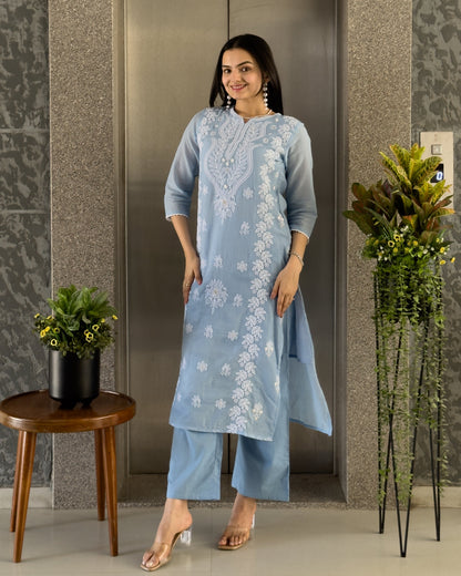 Sky Straight Kurta Pant Set with Dupatta