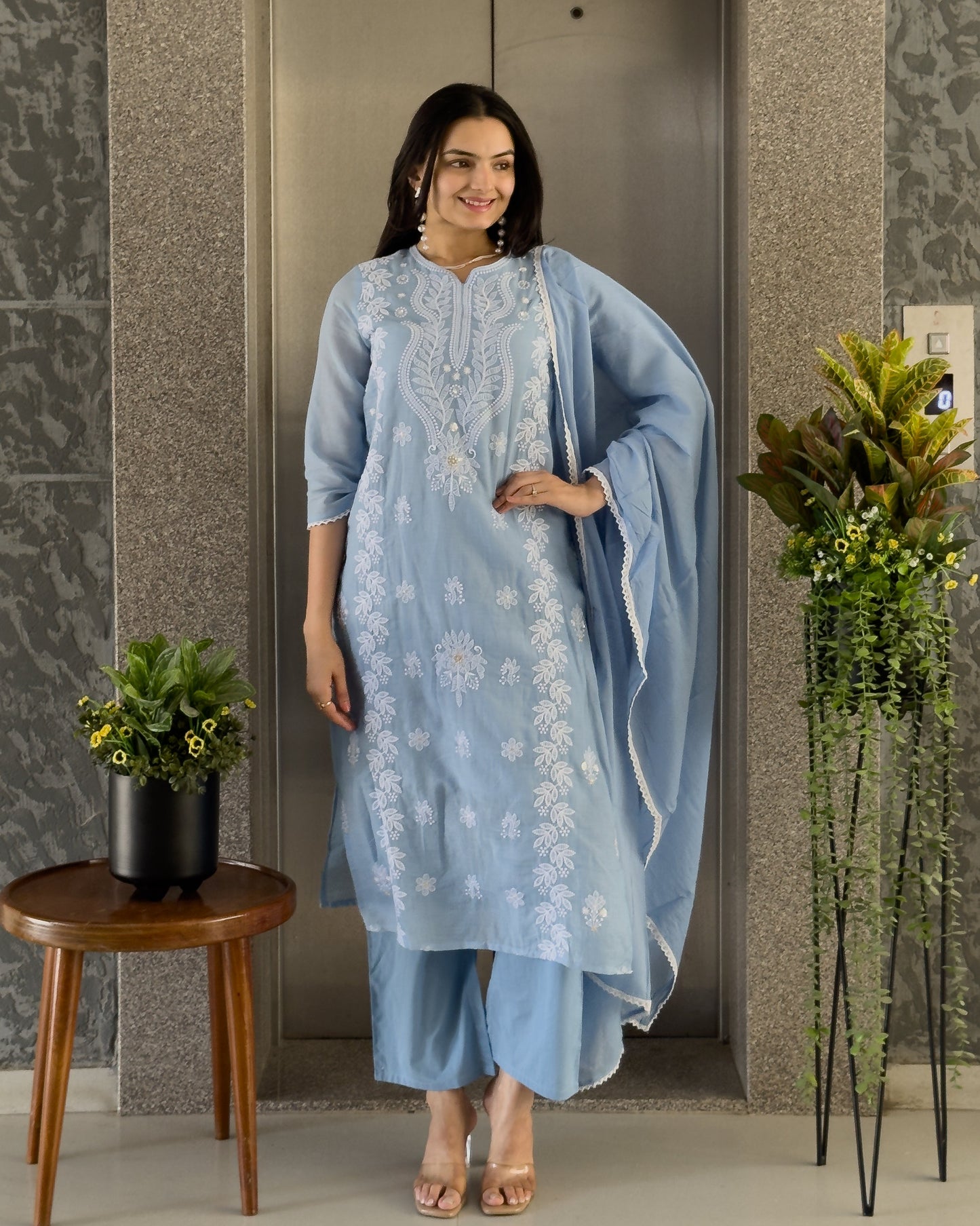 Sky Straight Kurta Pant Set with Dupatta