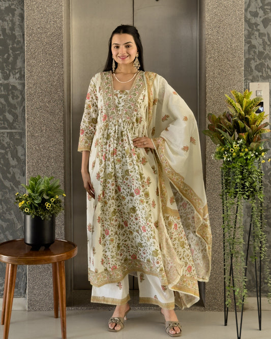 Off white with pista A-Line Kurta Palazzo Set With Dupatta