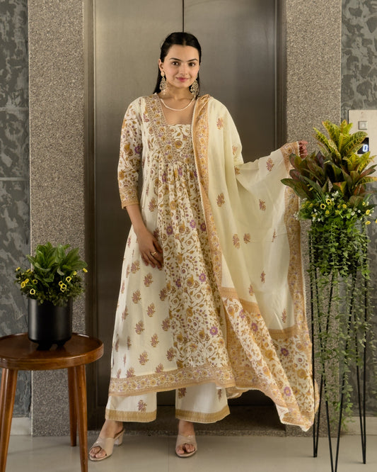 Off white with yellow A-Line Kurta Palazzo Set With Dupatta