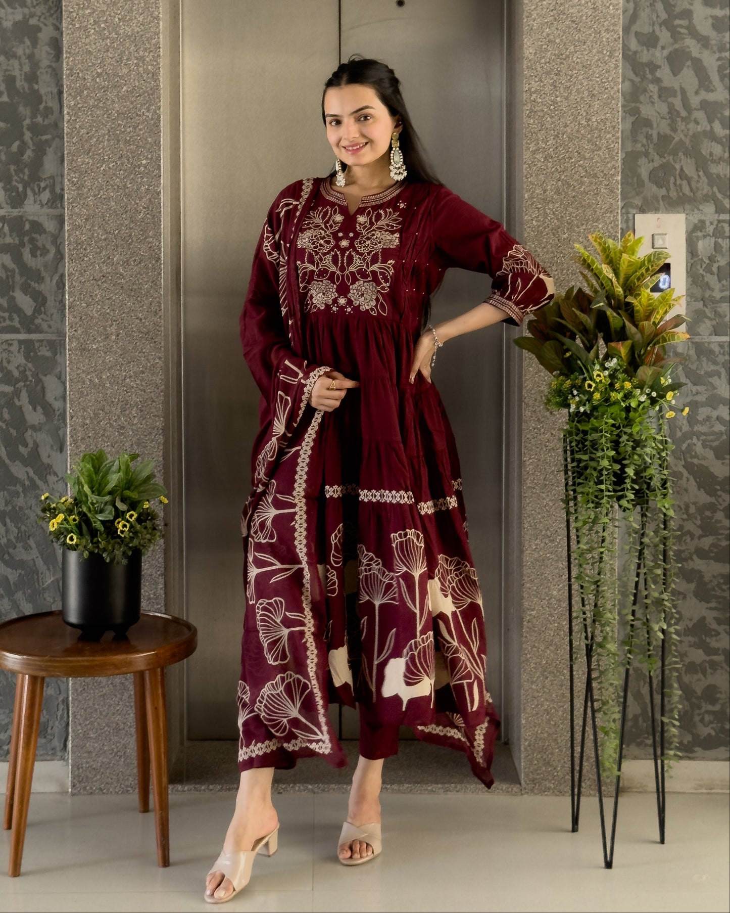Maroon Round Kurta Pant with Dupatta Set