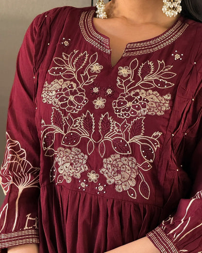 Maroon Round Kurta Pant with Dupatta Set
