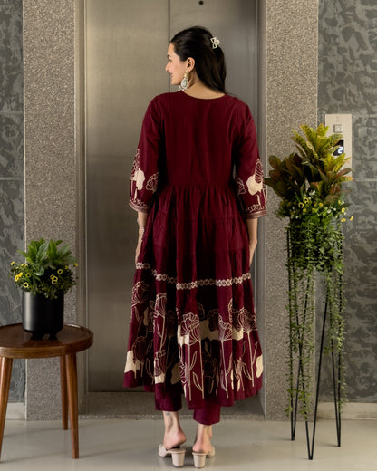 Maroon Round Kurta Pant with Dupatta Set