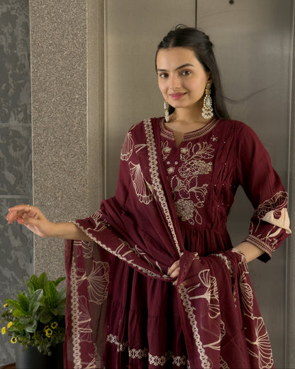 Maroon Round Kurta Pant with Dupatta Set