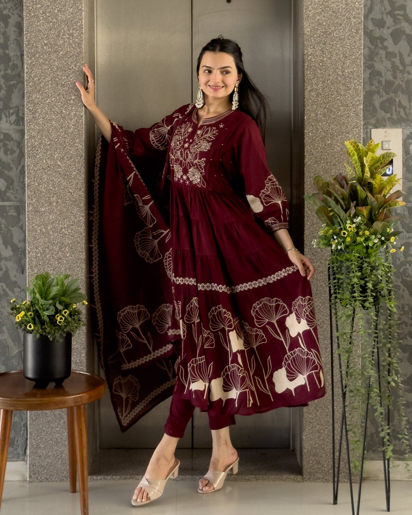 Maroon Round Kurta Pant with Dupatta Set