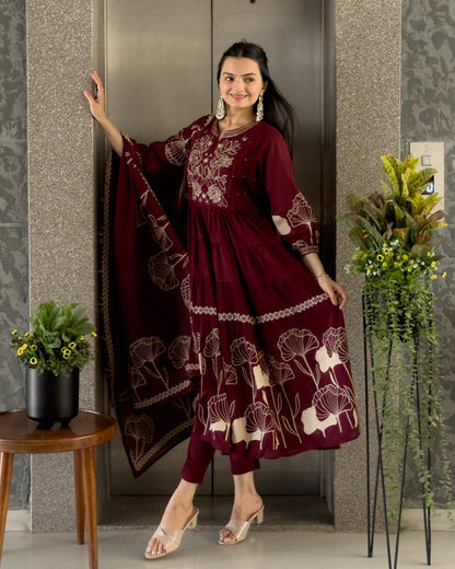 Maroon Round Kurta Pant with Dupatta Set