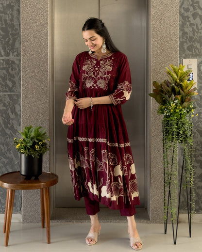 Maroon Round Kurta Pant with Dupatta Set
