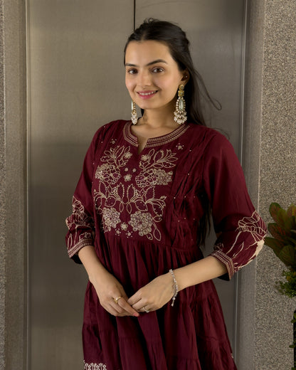 Maroon Round Kurta Pant with Dupatta Set