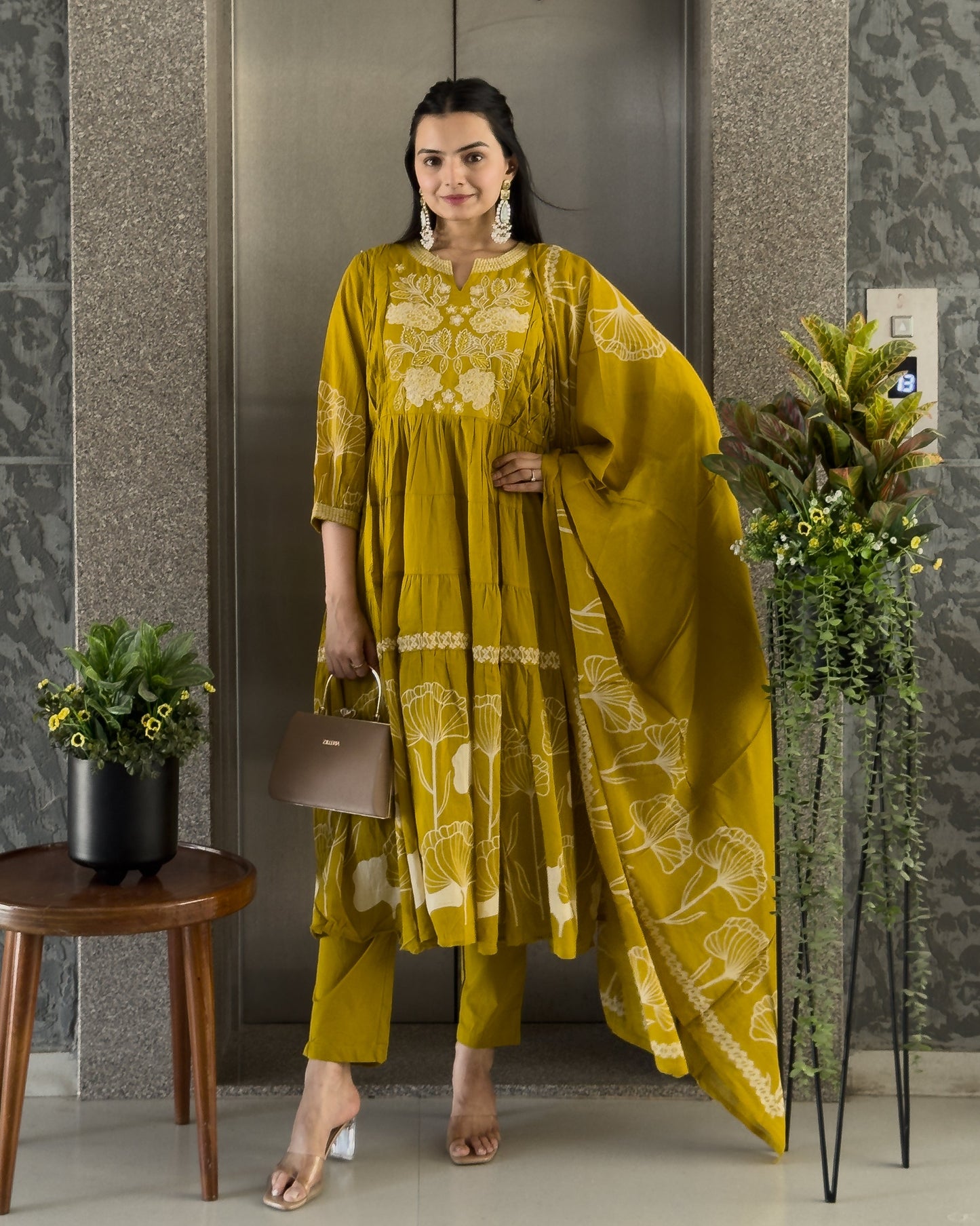 Yellow Round Kurta Pant with Dupatta Set