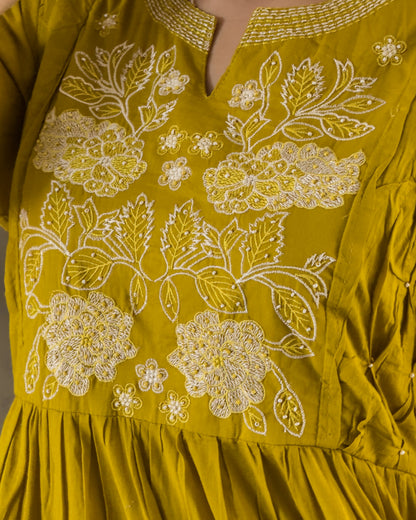 Yellow Round Kurta Pant with Dupatta Set