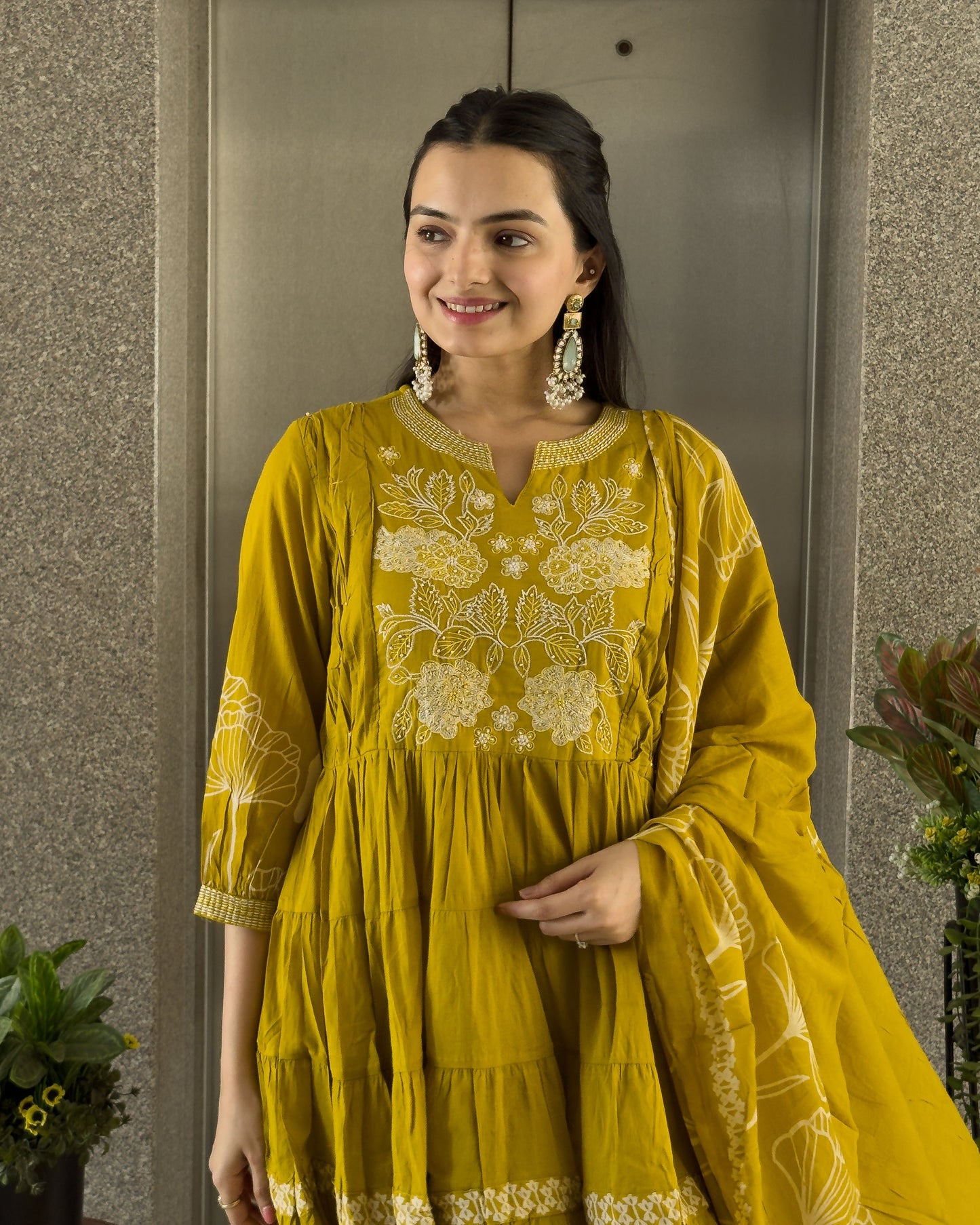 Yellow Round Kurta Pant with Dupatta Set