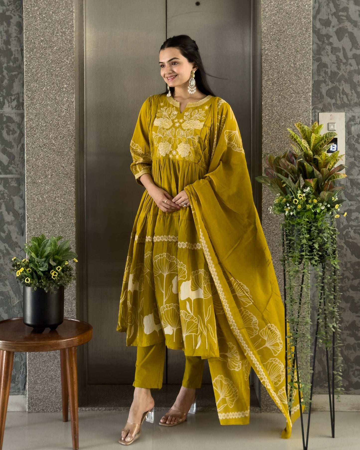 Yellow Round Kurta Pant with Dupatta Set