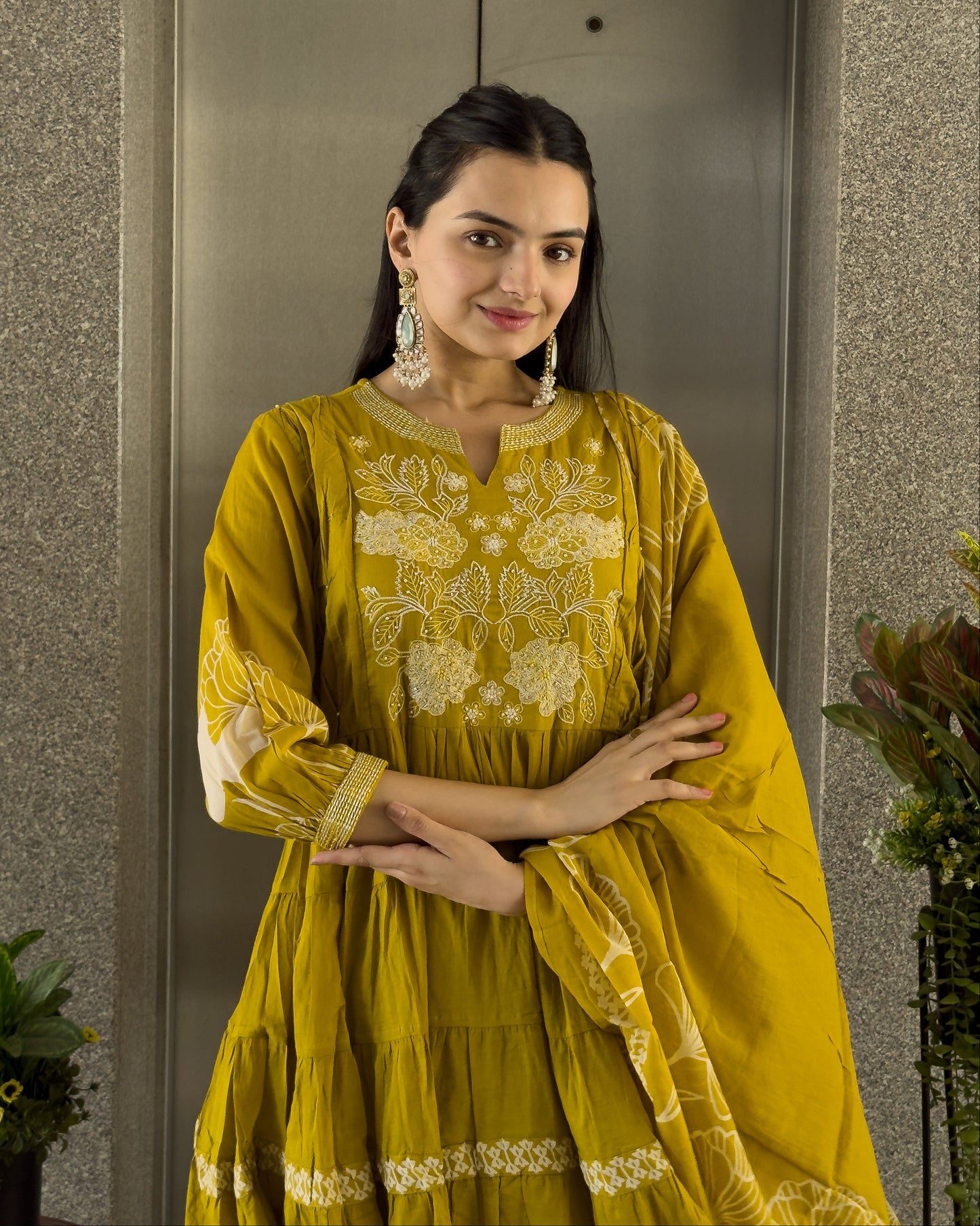 Yellow Round Kurta Pant with Dupatta Set