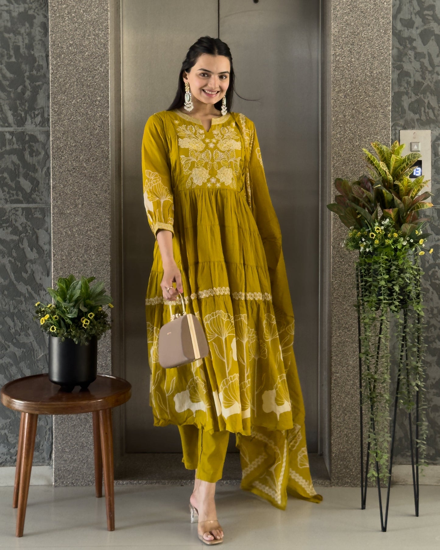 Yellow Round Kurta Pant with Dupatta Set