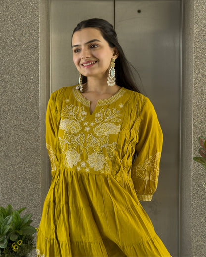 Yellow Round Kurta Pant with Dupatta Set