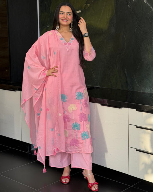 Light Pink A-Line Kurta Pant Set With Dupatta