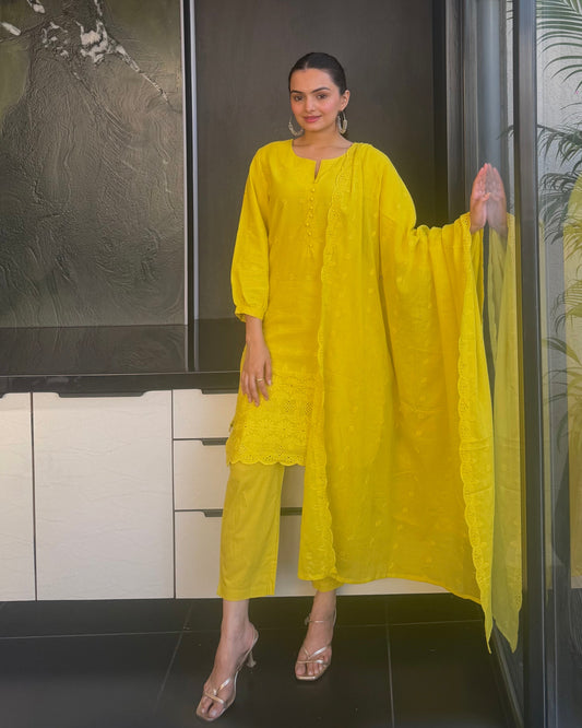 Yellow Straight Kurta Pant Set With Dupatta