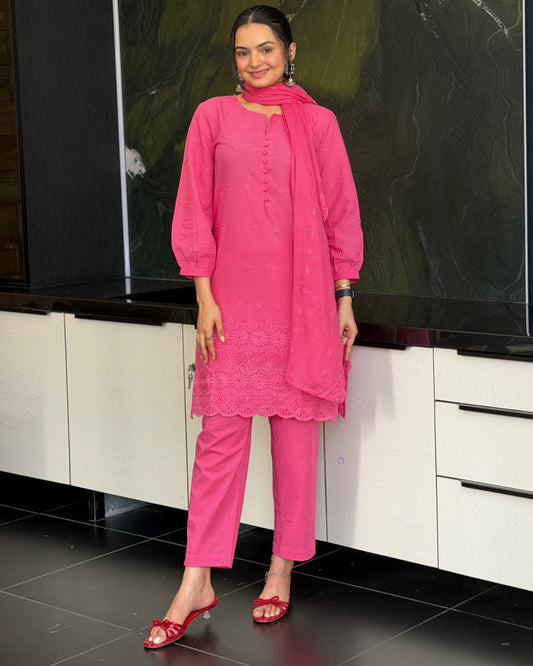 Pink Straight Kurta Pant Set With Dupatta