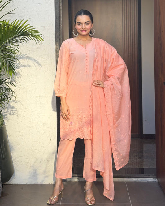 Peach Straight Kurta Pant Set With Dupatta