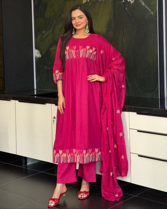 Rani Pink Round Kurta Pant Set With Dupatta
