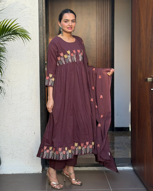 Brown Round Kurta Pant with Dupatta Set