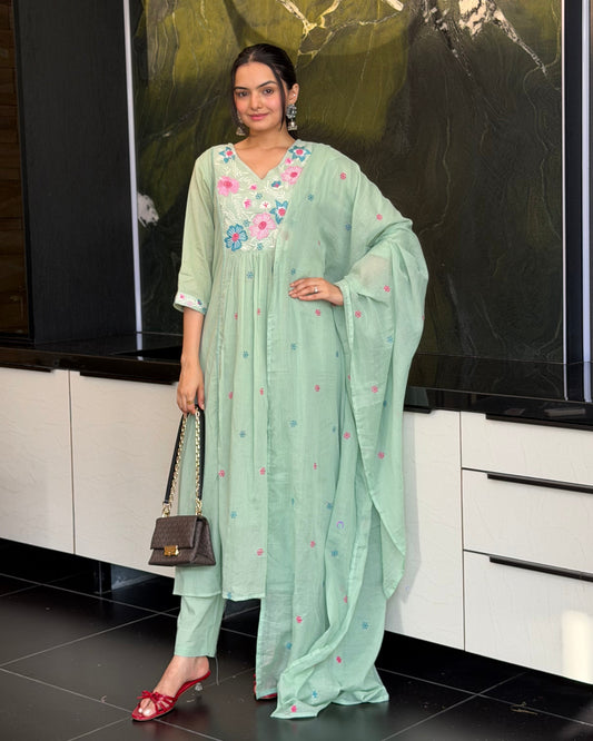 Pista Round Kurta Pant Set With Dupatta  For Women