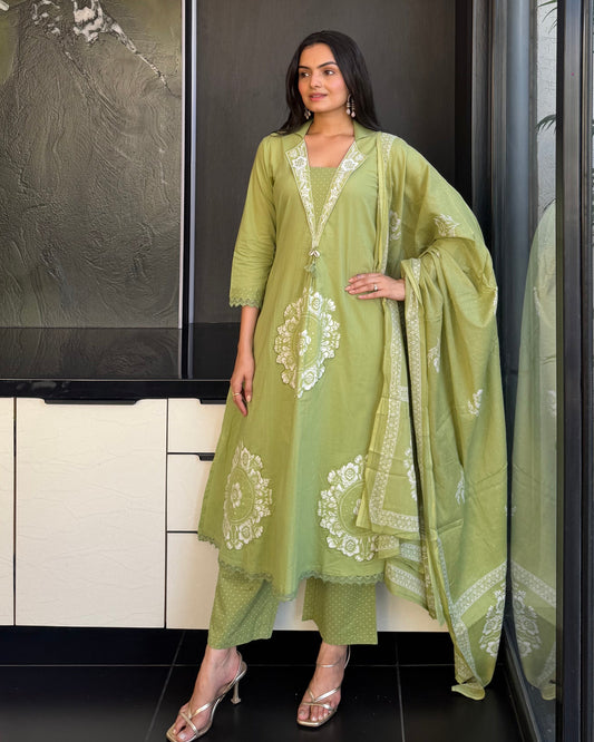Pista A Line Kurta Pant Set With Dupatta  For Women