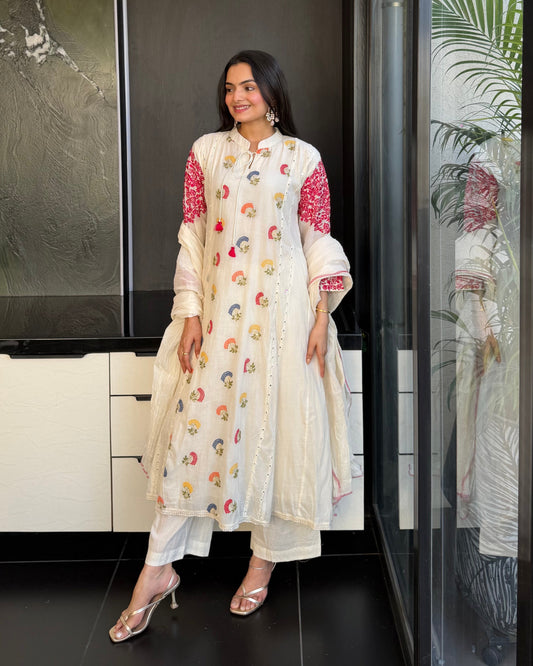 White A Line Kurta Palazzo Set With Dupatta  For Women