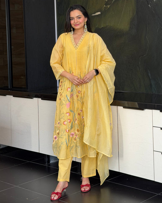 Yellow Round Kurta Pant Set With Dupatta  For Women