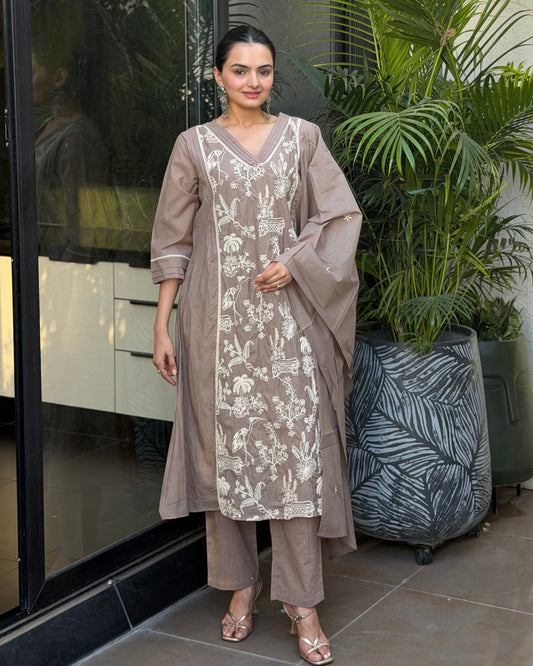 Gray A Line Kurta Pant Set With Dupatta  For Women