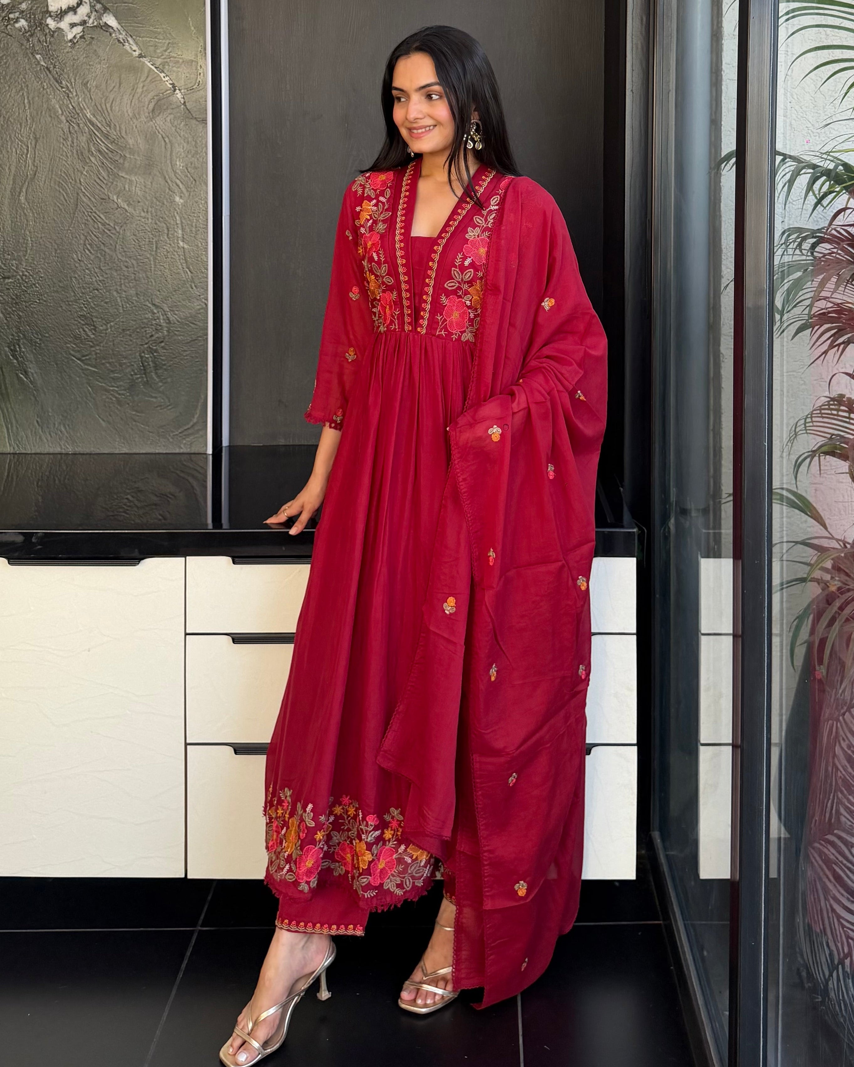 Maroon Round Kurta Pant Set With Dupatta  For Women